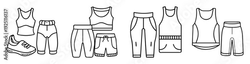 Collection of black and white line art illustrations of athletic apparel and footwear