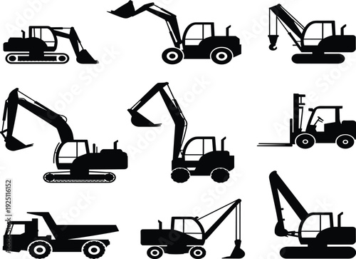 Flat vector silhouette construction vehicles, excavators, cranes, loaders, forklifts, dump trucks