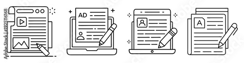 Illustrations of documents with media icons and a pencil, black and white line art