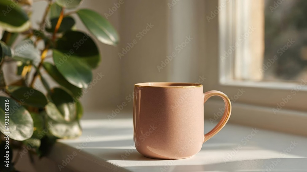 Fototapeta premium Pink ceramic mug with a gold rim sitting on a white window sill. the mug has a handle on one side and a spout on the other.