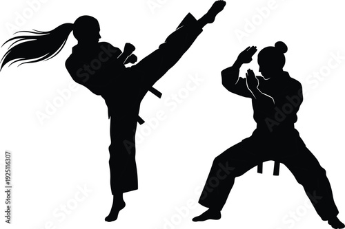Black silhouette of female martial artists performing a high side kick and defensive stance, isolated on white, flat vector illustration