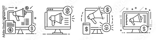 Vector line art illustration depicting online advertising and digital marketing strategies