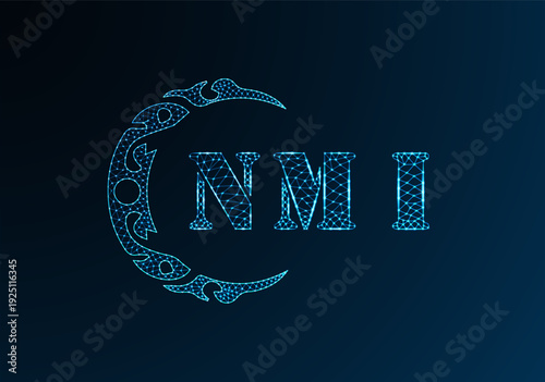 Low poly letter logo NMI design. NMI letter logo low poly vector design on blue color gradient background. NMI logo low poly design