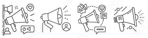 Line art set of megaphones with various messaging and social media icons