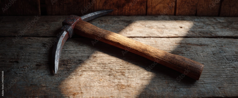 Fototapeta premium rusty pickaxe lying on aged wood under soft natural light