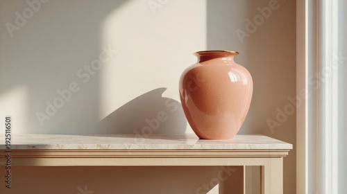Small vase sitting on top of a wooden table. the vase is made of ceramic and has a round shape with a narrow neck and a narrow opening at the top.