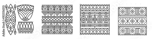Four geometric patterns with tribal and indigenous artistic themes in black and white