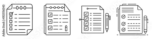Collection of checklists with checkmarks and lines on paper sheets