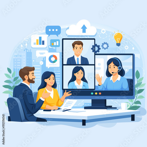 Digital Business Communication with Online Team Meeting and Cloud Collaboration Concept