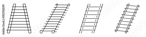 Four stylized black and white ladders depicted in varying perspectives and constructions