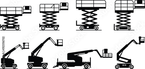 Flat vector aerial work platforms, scissor lifts, boom lifts construction equipment