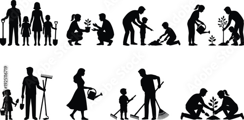 Family gardening silhouettes set, parents and children planting tree, watering plants and yard work, environmental conservation and sustainable lifestyle vector illustration isolated on light 
