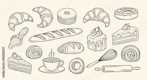 Hand drawn collection of delicious bakery items and baking tools on a light background