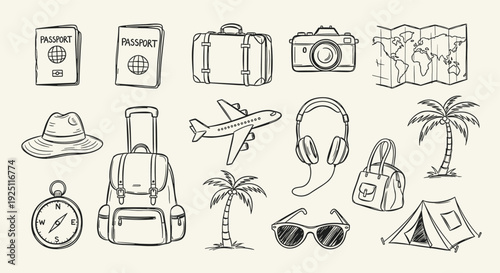Collection of travel essentials and vacation items hand-drawn sketch style for holiday planning and adventure trips