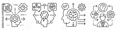 Illustrations representing the process of problem solving and decision making steps
