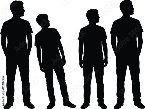 Flat, vector, illustration, of, four, young, men, standing, together, in, a, row, looking, away, isolated, on, white, background, casual, silhouettes.