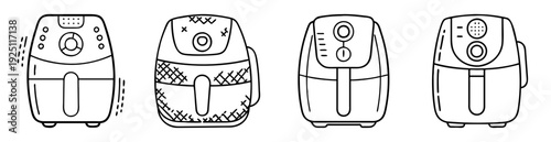 Line art illustration of four air fryers with unique control panels