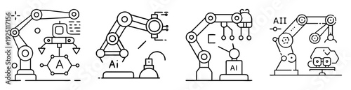 Illustrative Black and White Depiction of AI Driven Robotic Arms with Detailed Components