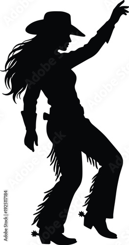 Silhouette of a dancing cowgirl wearing a cowboy hat and chaps with spurs and long hair in flat vector illustration