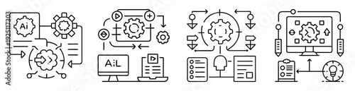 AI assisted automation system workflow, machine learning process with gears and screens