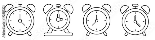 Four alarm clock icons displaying various times, all in black and white