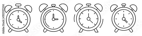 Four retro alarm clocks showing different times in simple outline style