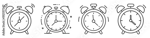 Black and white drawings of ringing alarm clocks showing different times
