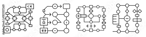 Abstract geometric structures composed of interconnected shapes and lines depicting a process