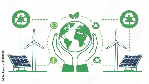 Hands holding earth with renewable energy symbols