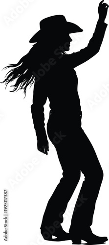 Silhouette of a dancing cowgirl with long hair wearing a cowboy hat and boots in a flat vector illustration style