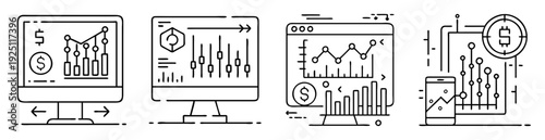 Financial data and analysis presented on different devices, black and white
