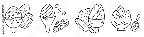 Simple hand drawn outline illustrations of various frozen sweet desserts