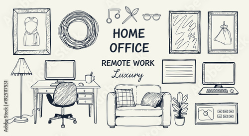 Chic home office setup with desk chair computer lamp sofa and decor elements a stylish remote work concept illustration