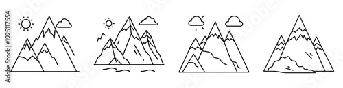 Four mountain scene icons with sun and clouds, minimalist outline style