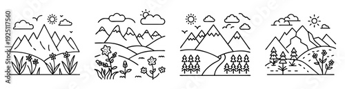 Linear illustration of a landscape featuring mountains, trees, and flowers