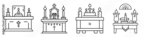 Collection of four simplified line art of religious altars with candles