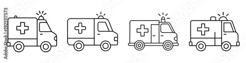 Outlined ambulances with flashing lights represent emergency medical transportation services