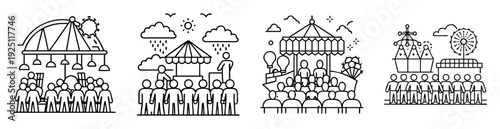 Black and white vector illustration depicting amusement park rides and crowds