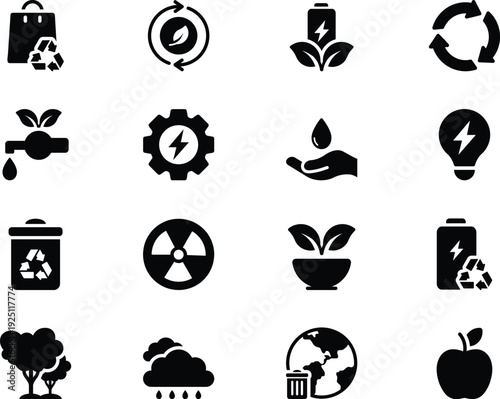 Collection of 16 minimalist black solid icons representing diverse sustainability concepts including renewable energy, water conservation, waste management, and eco-friendly products.