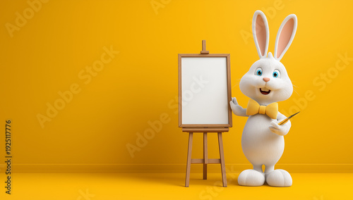 3d render of a happy, cute white bunny character with a bow tie standing next to a blank canvas on an easel and pointing at it, against a solid pastel pink background with soft lighting