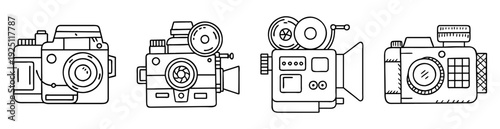 Line art illustration showcasing a collection of retro vintage movie cameras