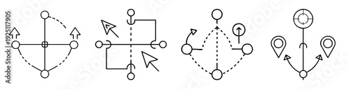 four geometric diagrams in simple lines and circles, with added arrow indicators