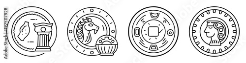 Collection of ancient coin outline illustrations showing different cultural symbols
