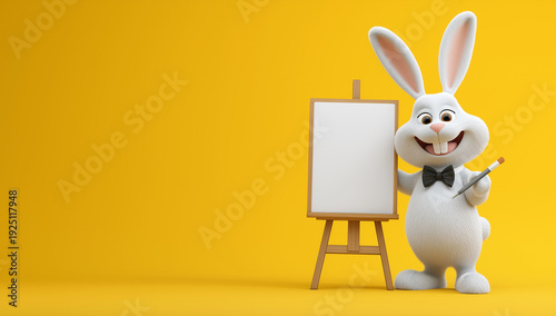 3d render of a happy, cute white bunny character with a bow tie standing next to a blank canvas on an easel and pointing at it, against a solid pastel pink background with soft lighting