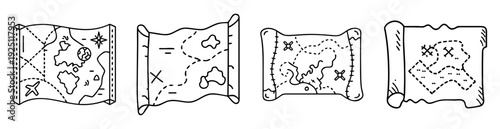 Hand drawn outline illustrations of various maps, scrolls and treasure maps