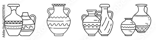 Black and white line art illustration of a collection of ancient vases