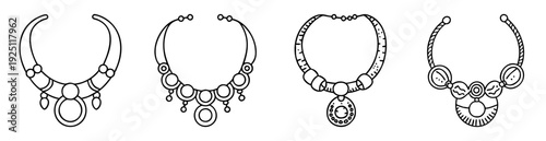 Four unique necklaces with circular and decorative elements in a simple illustration
