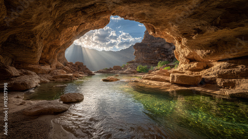 Sunlit cave oasis with crystal river