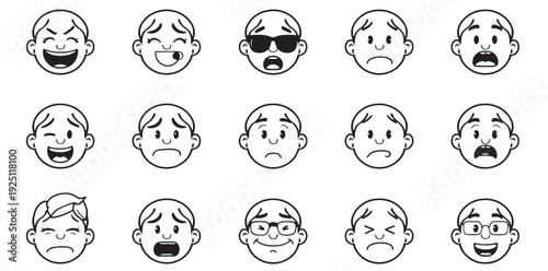Cartoon character facial expression set: 15 black and white line art faces with various emotions isolated on white