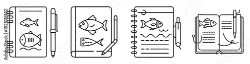 Artistic Fish Sketchbook Collection with Pens and Pencils in Outline Style
